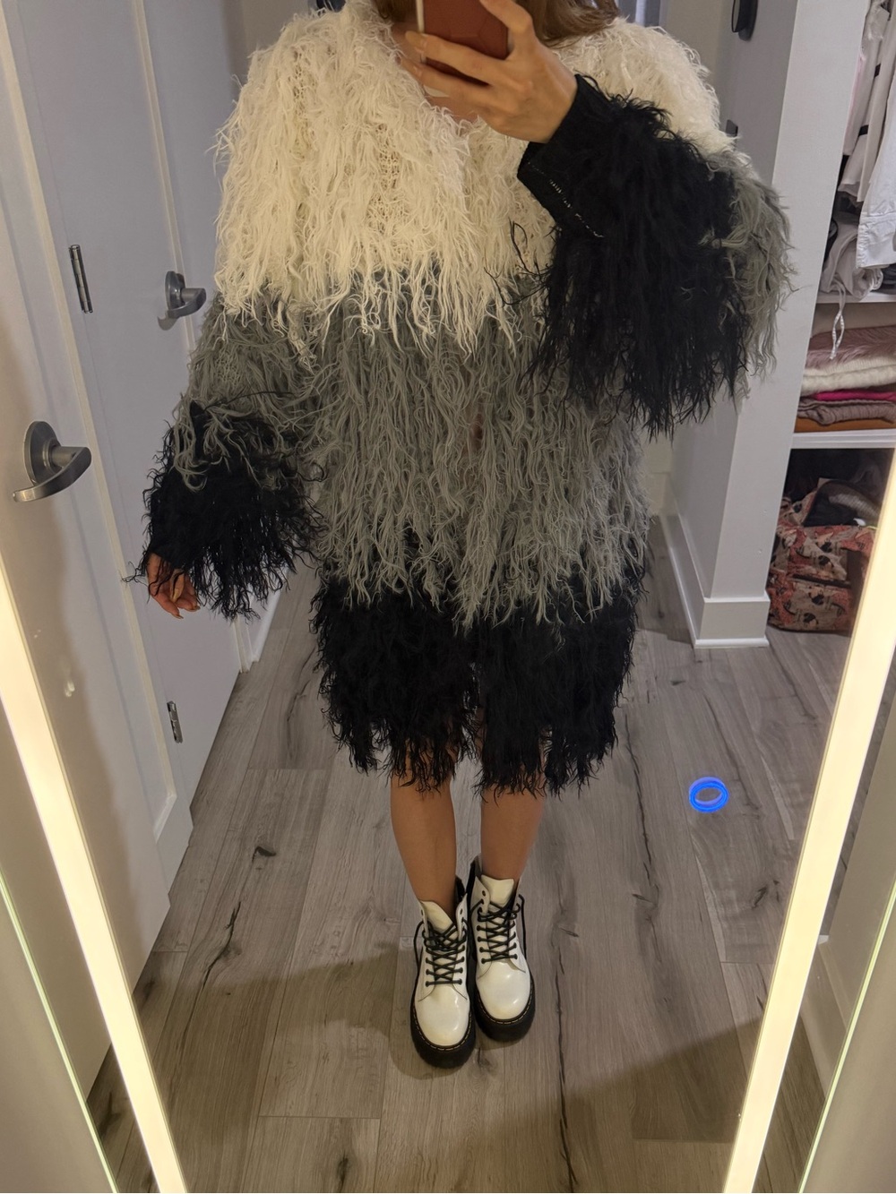Black White Grey Color Block Fuzzy Knit Women's Sweater S